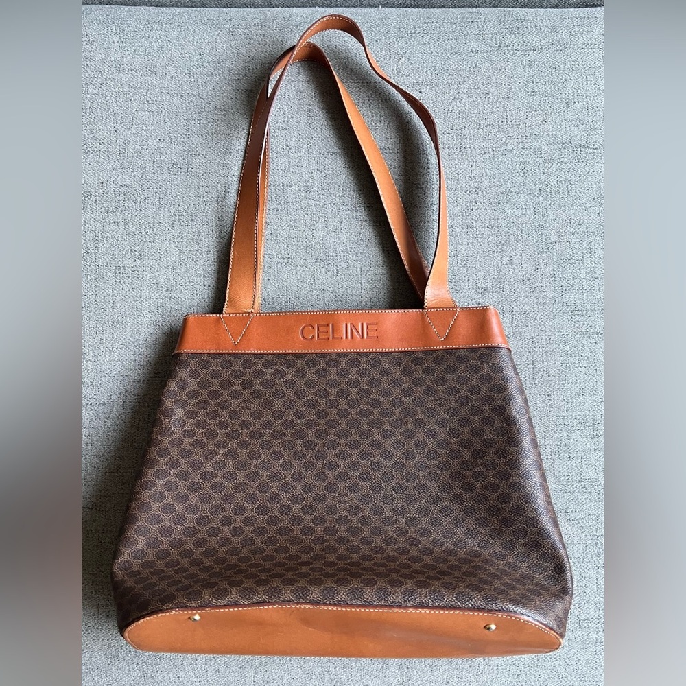 Celine Macadam Canvas Leather gusset tote bag